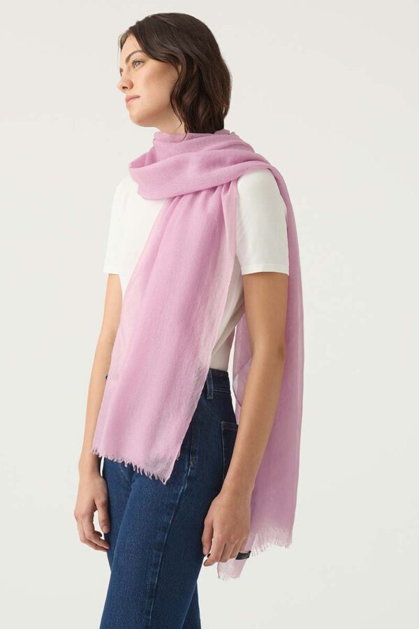Woman Wears Cashmere Featherweigh Scarf in Wisteria