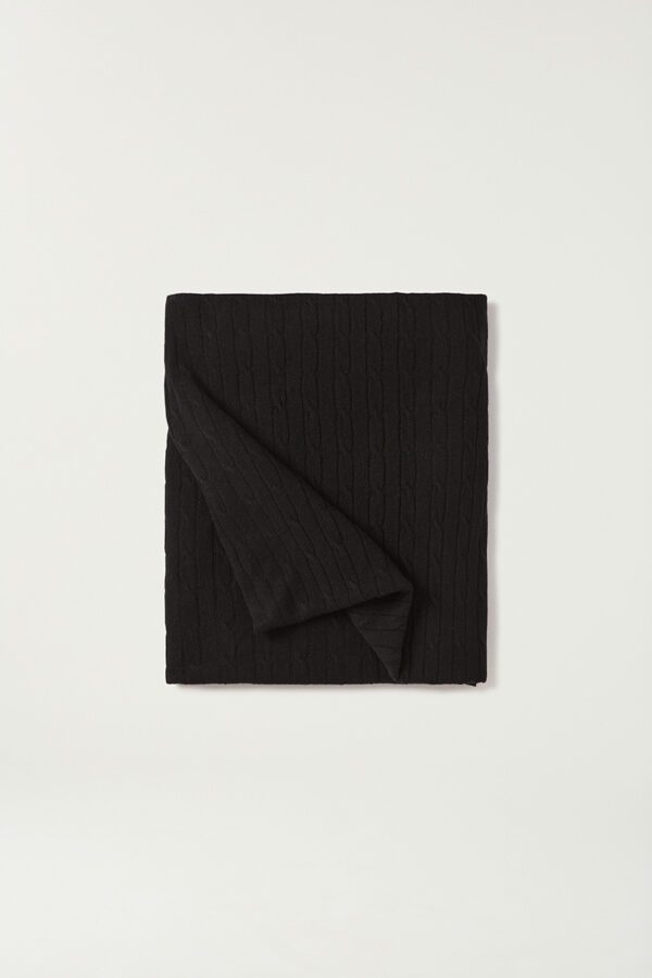 Cable Knit Cashmere Throw Blanket in Black