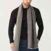 Man wears soft woven cashmere scarf in navy and light taupe